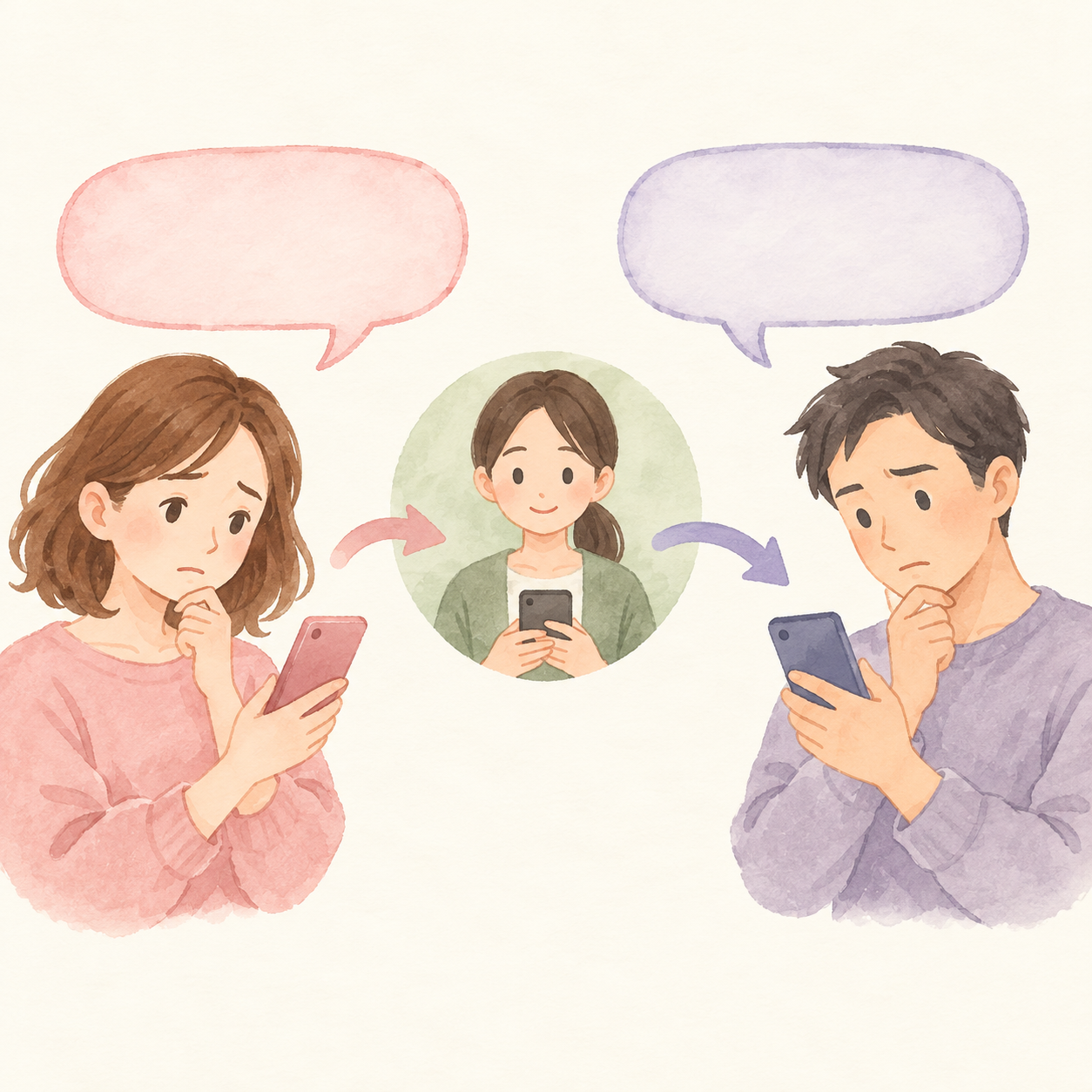 元夫婦が少し困りながらスマートフォンで連絡し、間に支援者が入るイラスト