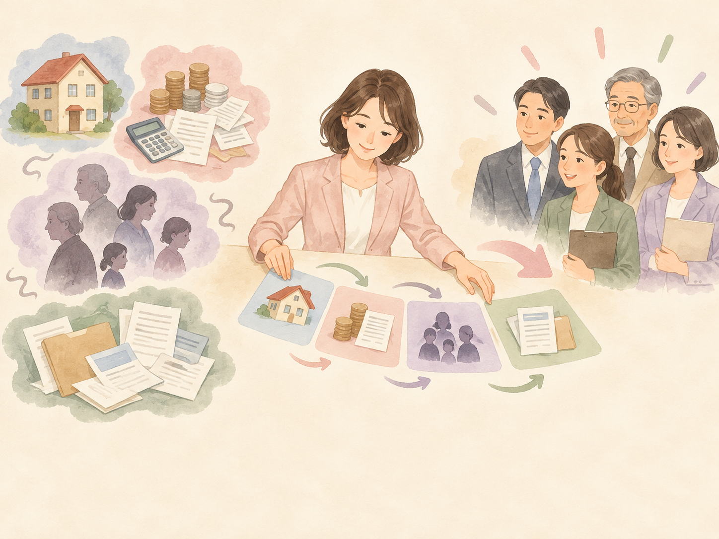住まい・お金・家族関係・手続きの悩みを整理し、必要な専門家へつなぐイラスト