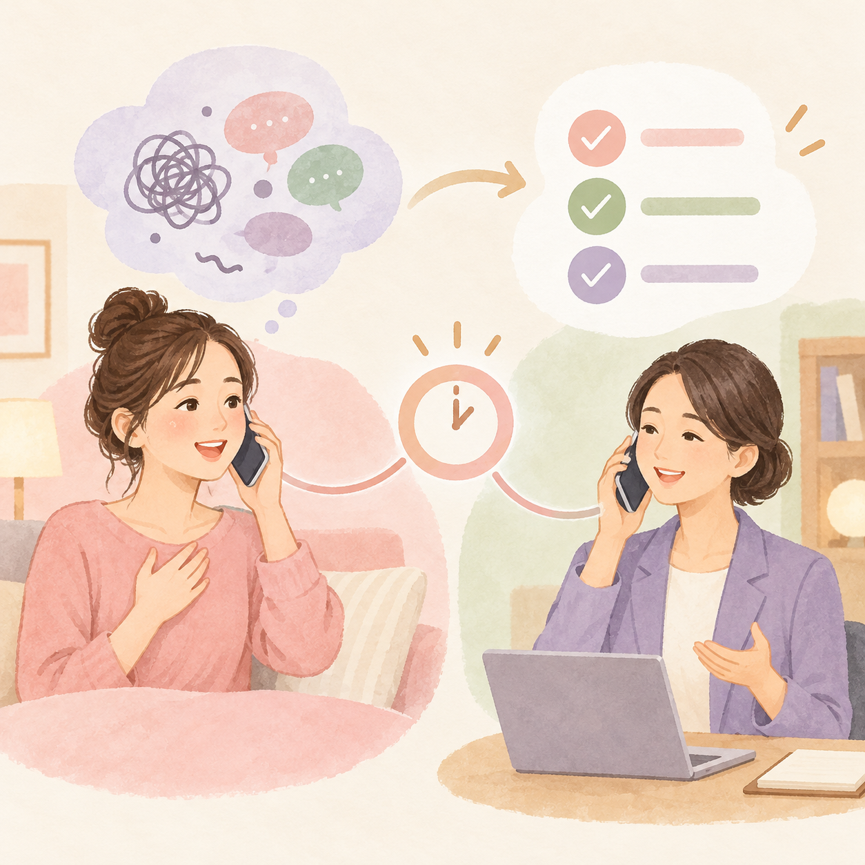 二人が電話で話し、困りごとを整理するイラスト