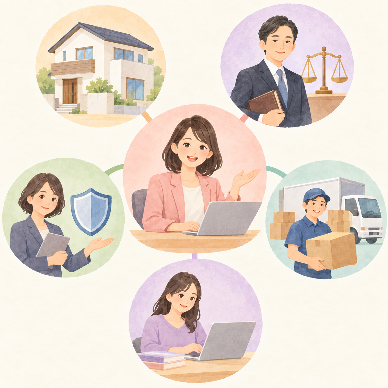 MiRを窓口に不動産、弁護士、保険、引っ越し、在宅ワークの支援先へつなぐイラスト