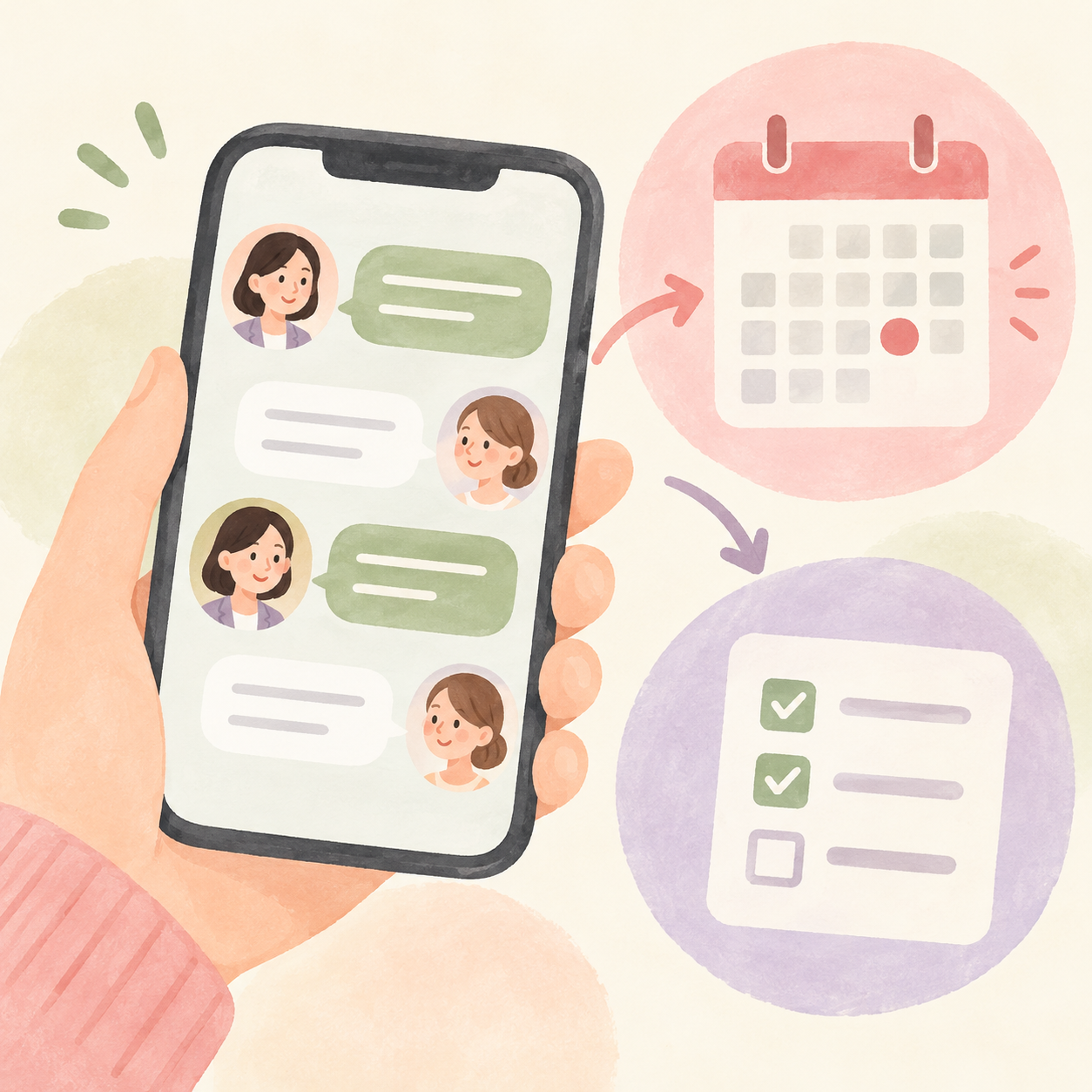 スマートフォンで連絡し、予約とアンケートを進めるイラスト