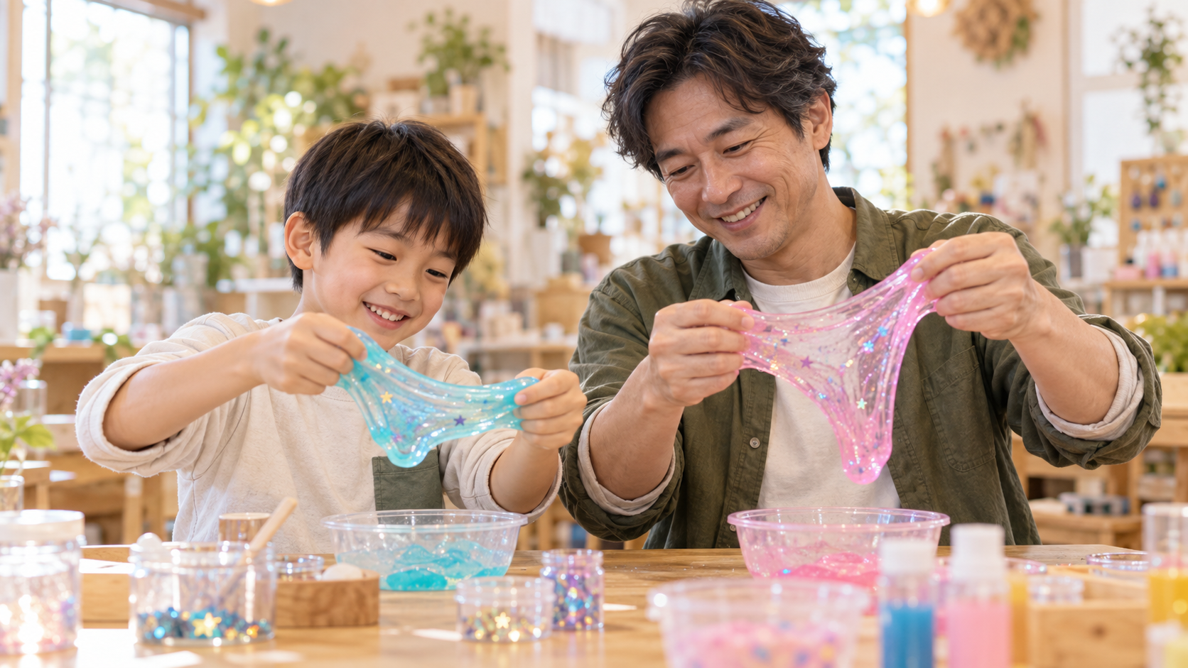 父親と男の子が一緒にスライム作りを楽しむ様子