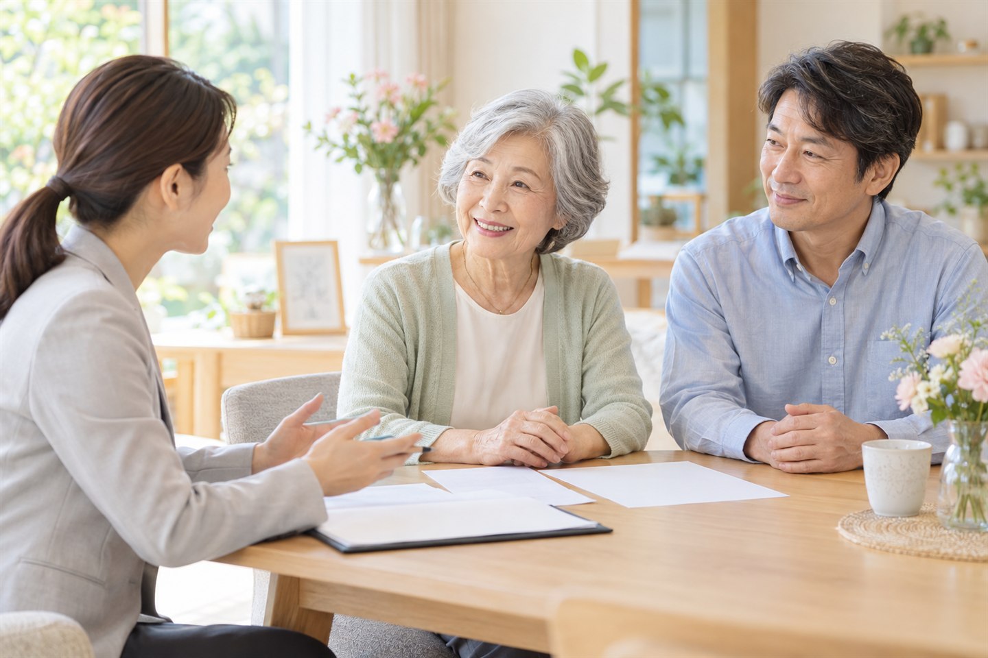 70代の女性と成人した家族が相続について相談するイメージ