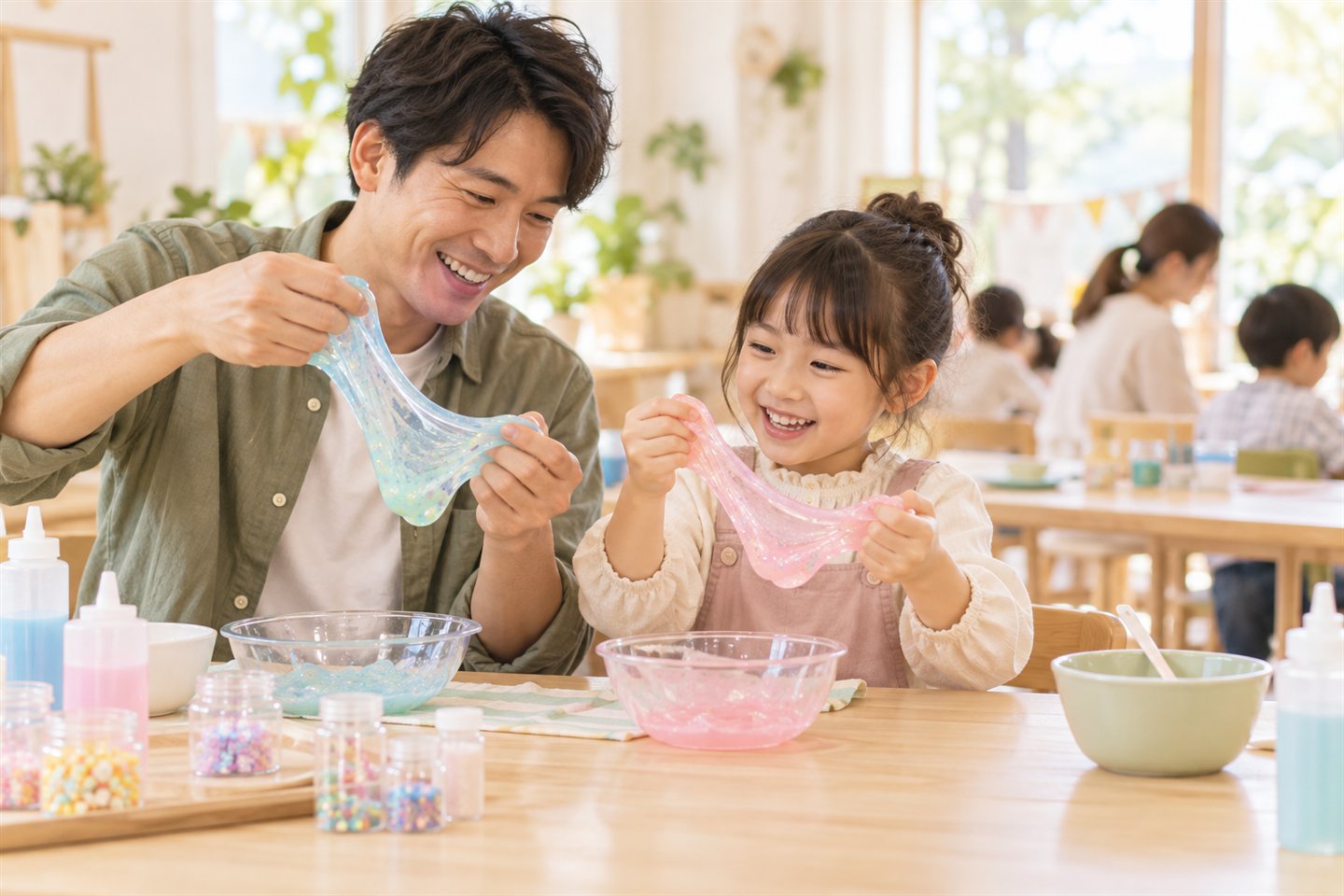 父親と子どもが一緒にスライム作りを楽しむイメージ