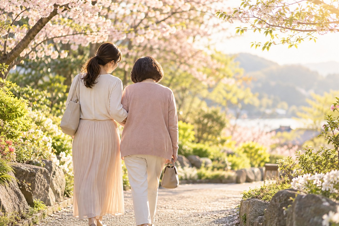 春の小道を二人で歩き、新しい一歩へ向かうイメージ